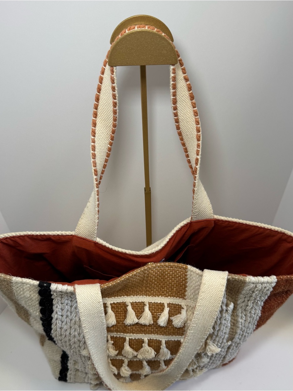 Roolee Culebra Woven Tote Bag - Boho Tassel Knit Stripe Shoulder Bag - Picture 3 of 11